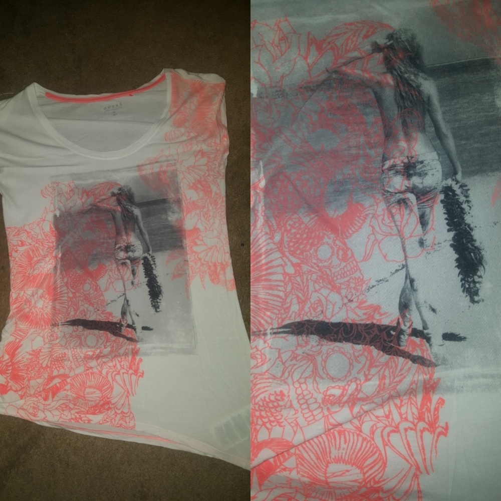 Guess Tee White & Neon Orange Size M